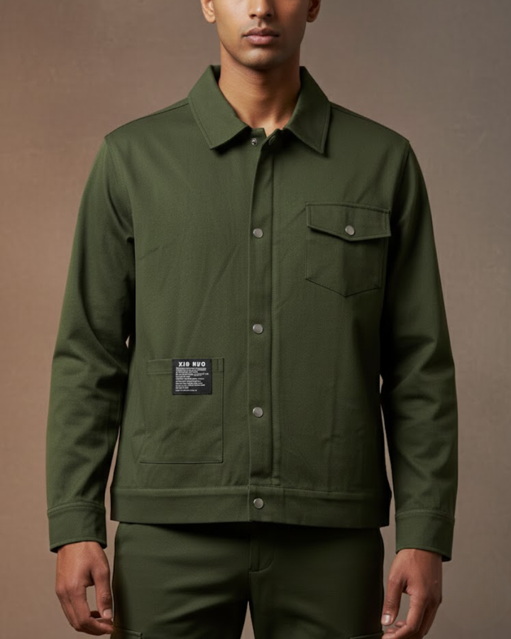 Olive Green Overshirt Zip Closure Co-Ord Set for Men