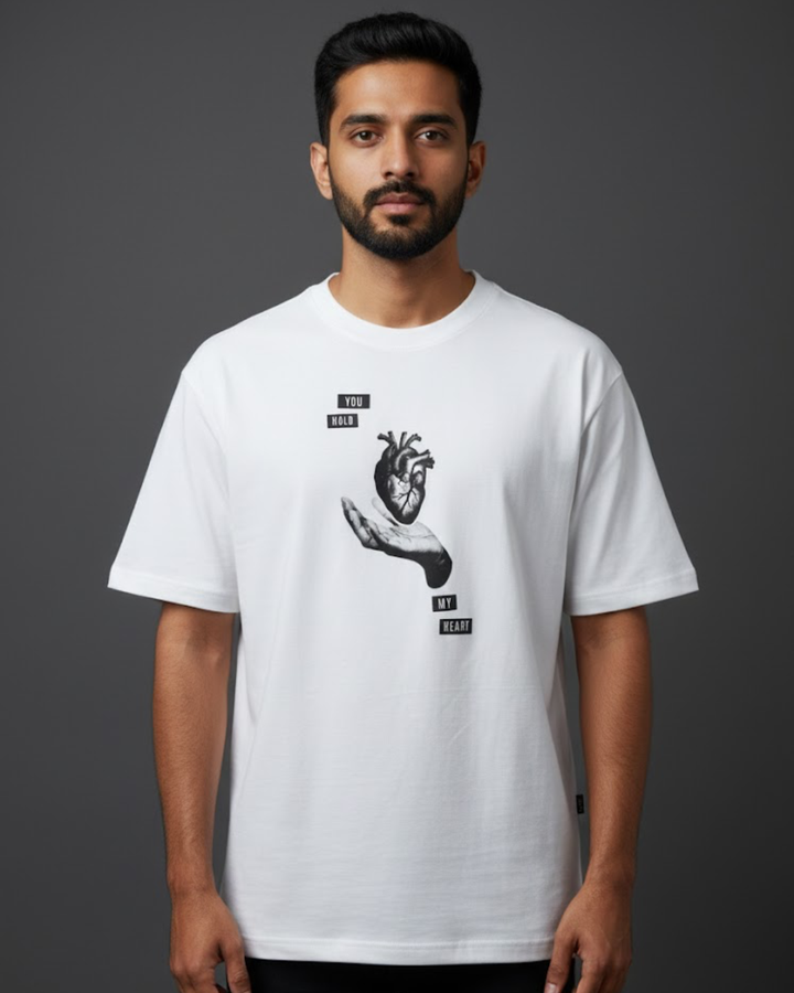 Premium White Cotton Printed Black Heart T-Shirt for Men