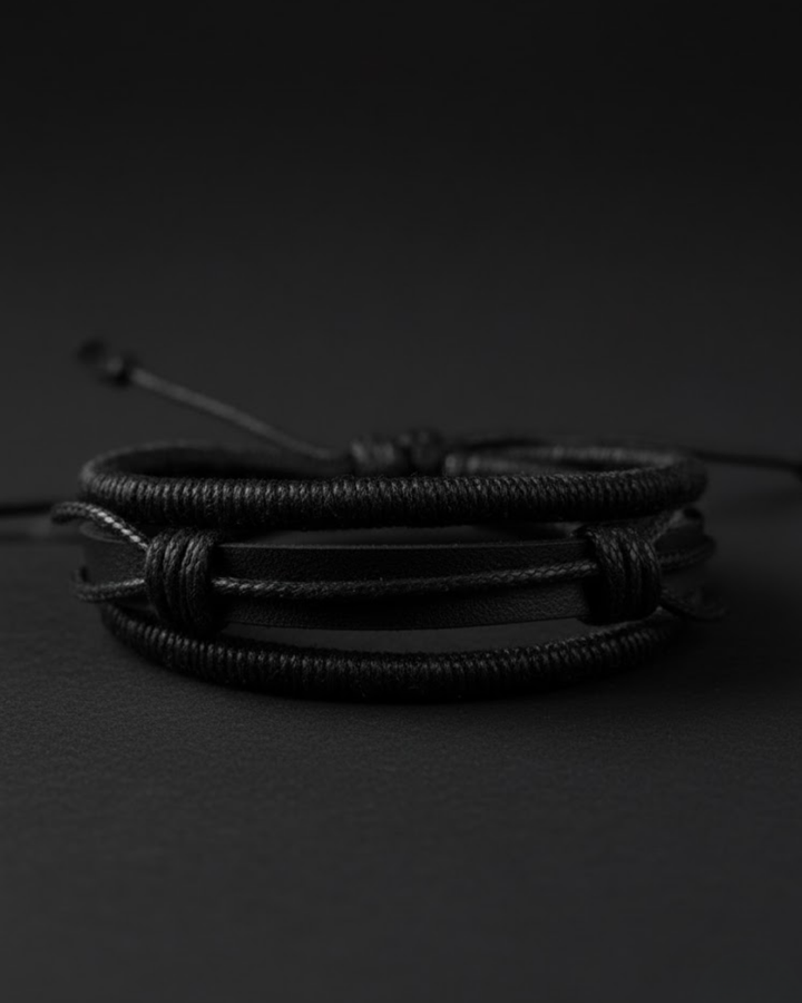 Shadow Stack Black Layered Adjustable Men’s Bracelet | Dual Cord & Leather Minimal Wristwear