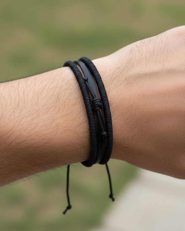 Shadow Stack Black Layered Adjustable Men’s Bracelet | Dual Cord & Leather Minimal Wristwear