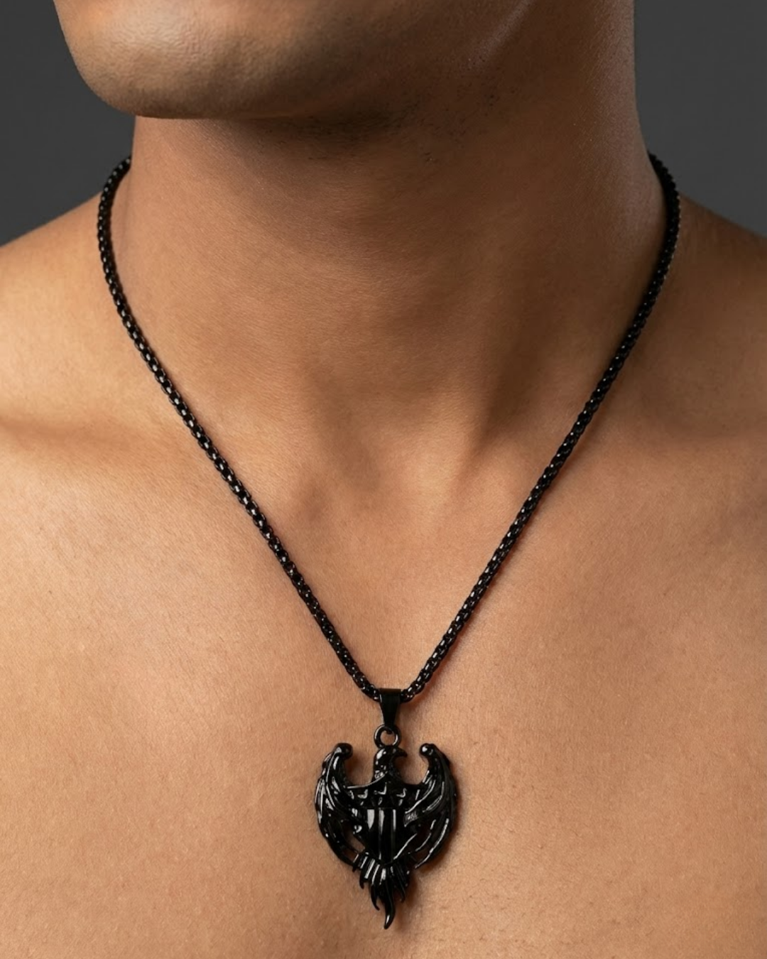 DARK PHOENIX Men’s Pendant – Black Titanium Steel Wing Power Necklace