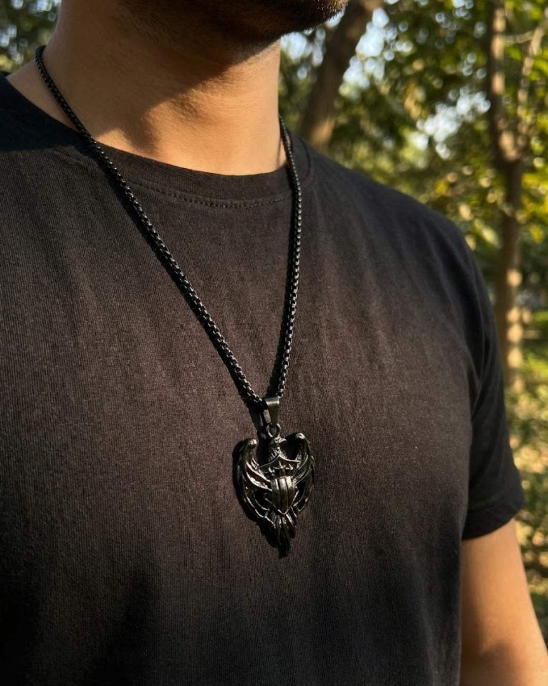 DARK PHOENIX Men’s Pendant – Black Titanium Steel Wing Power Necklace
