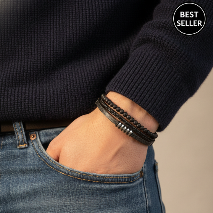 Multilayer Leather Bracelet with Lava Beads for Men