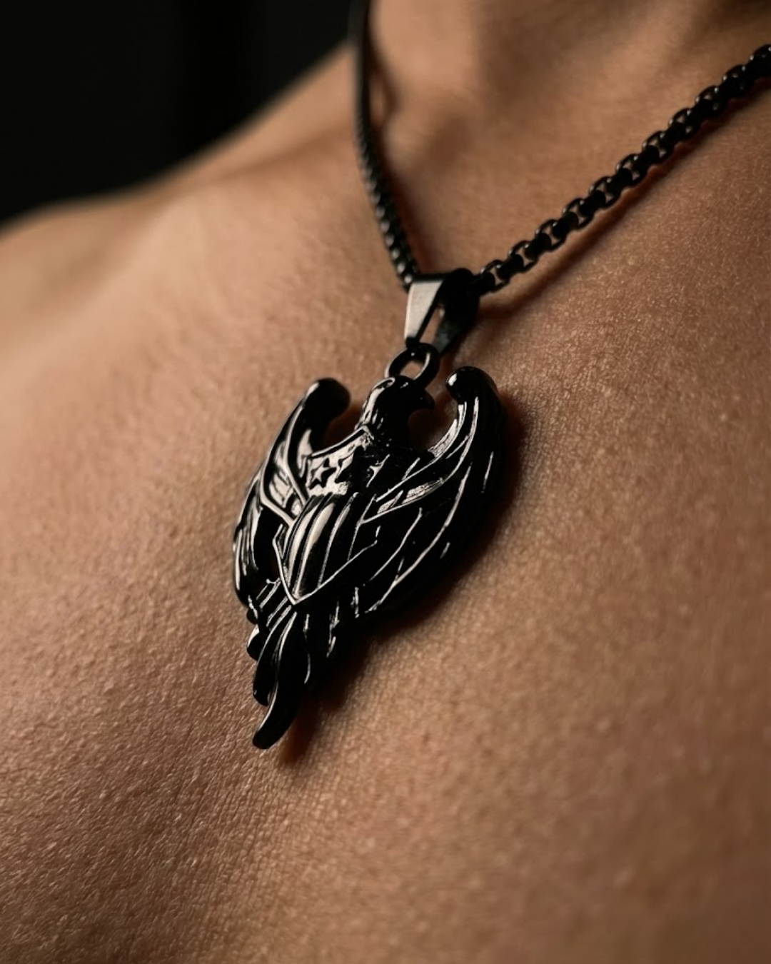 DARK PHOENIX Men’s Pendant – Black Titanium Steel Wing Power Necklace