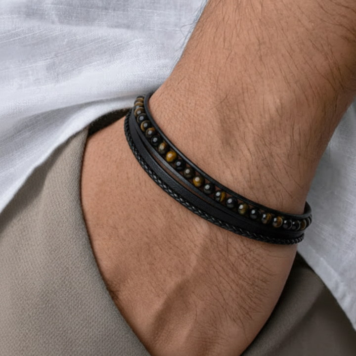 Multilayer Leather  Bracelet with Tiger Eye and Lava Natural Beads for Men