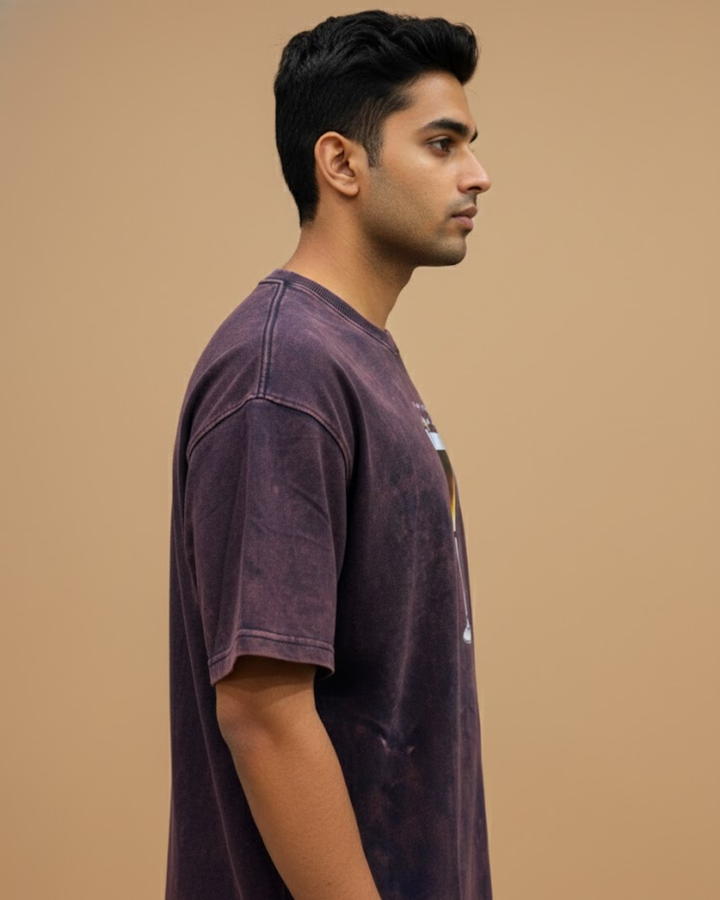 Crimson Acid Wash Oversized Printed T-Shirt for Men