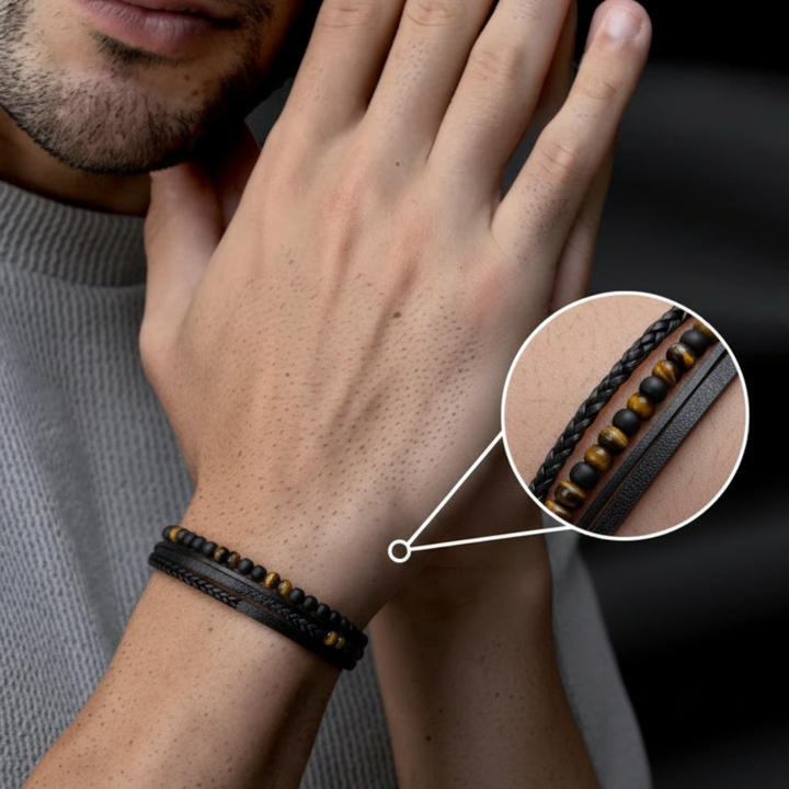 Multilayer Leather  Bracelet with Tiger Eye and Lava Natural Beads for Men