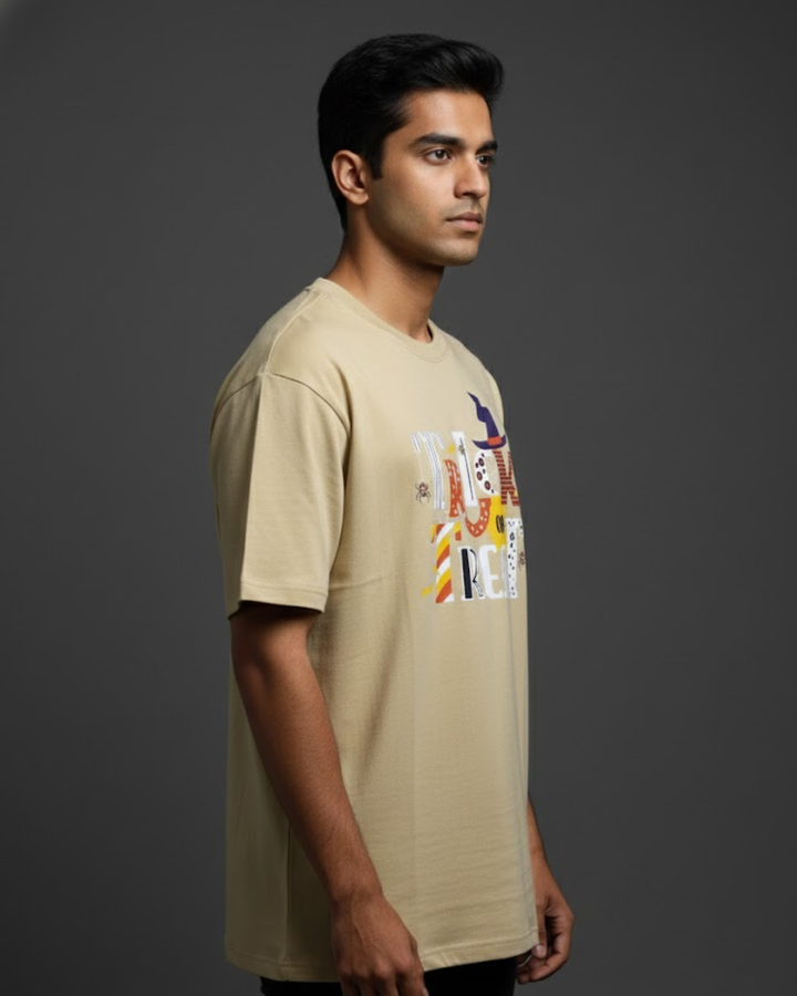 Premium Beige Yellow Cotton Printed T-Shirt for Men