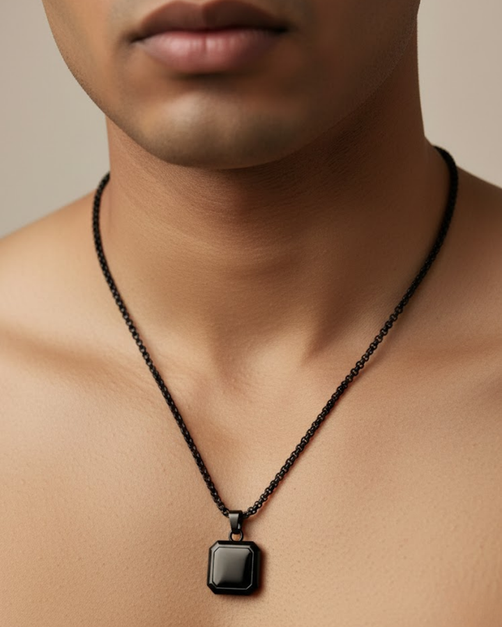Midnight Square Black Pendant Necklace for Men – Premium Minimalist Steel Chain