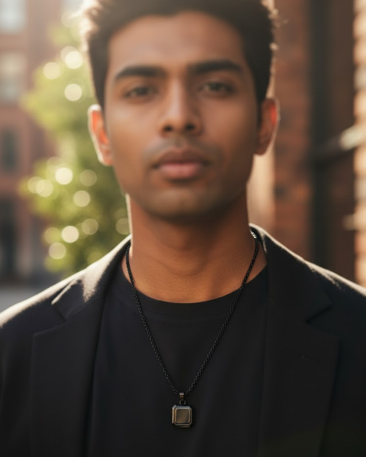 Midnight Square Black Pendant Necklace for Men – Premium Minimalist Steel Chain