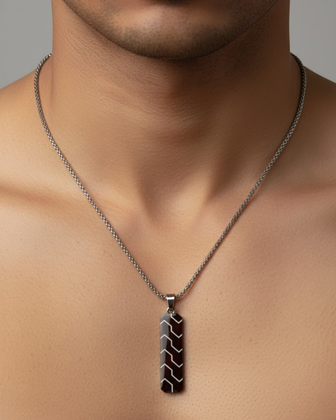 Quantum Line Black Bar Pendant for Men – Geometric Engraved Minimalist Chain