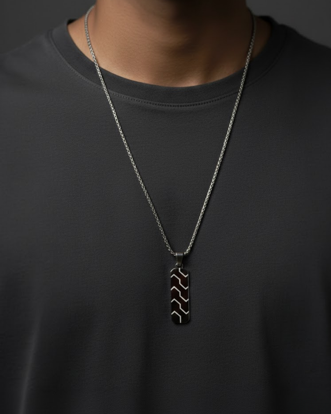 Quantum Line Black Bar Pendant for Men – Geometric Engraved Minimalist Chain