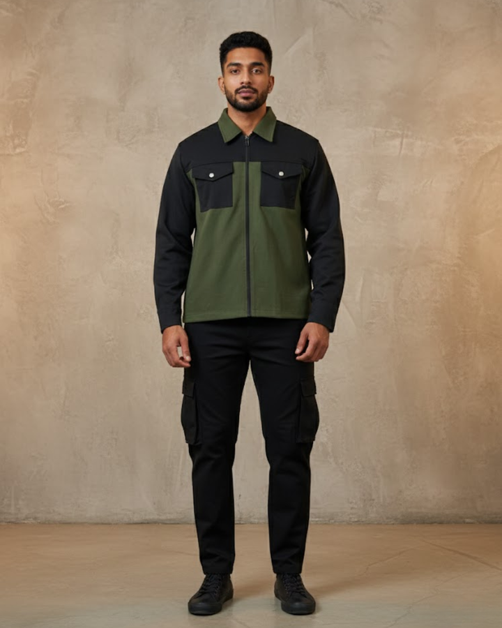 Black & Olive Overshirt Zip Closure Co-Ord Set for Men