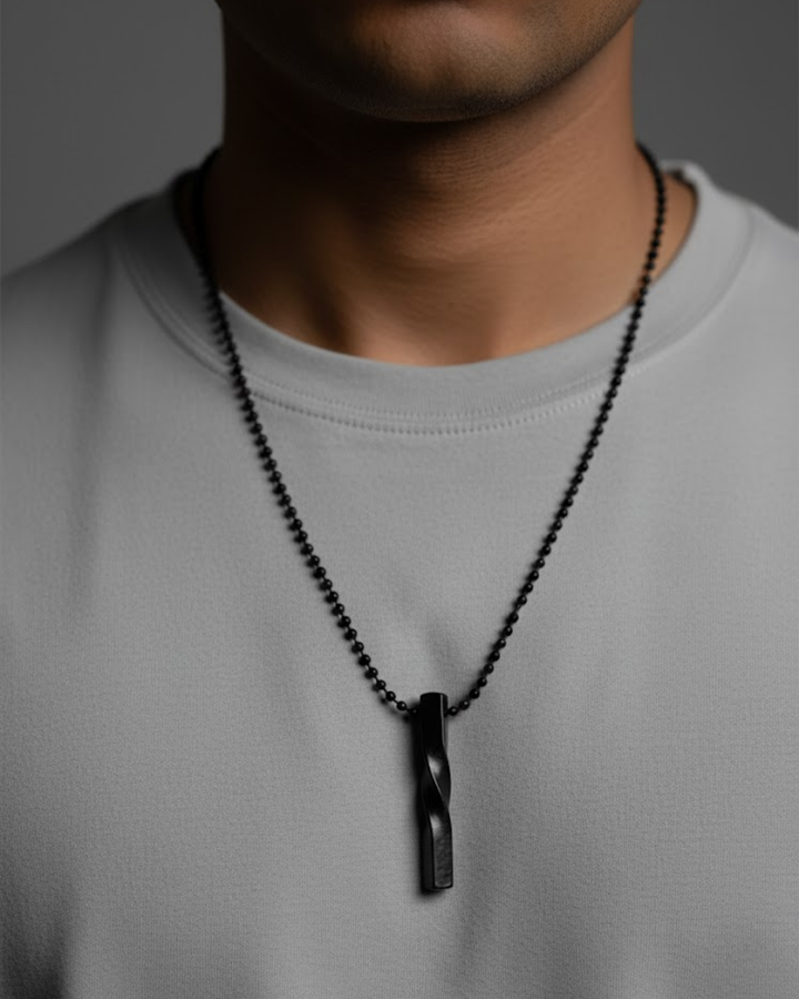Twist Edge Black Bar Pendant for Men – Minimalist Spiral Steel Chain Necklace
