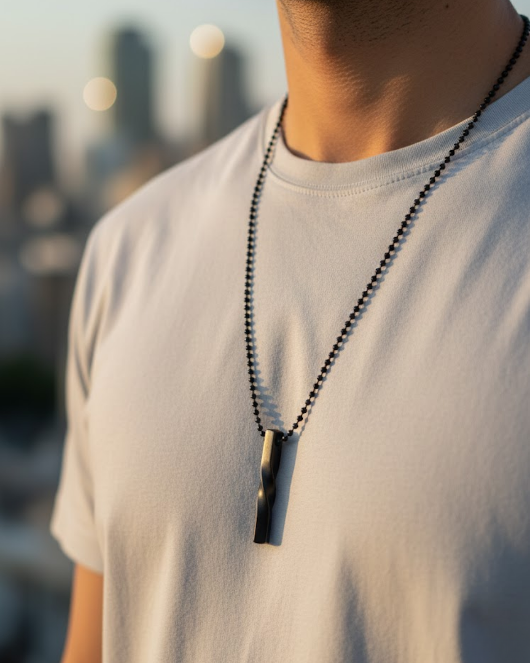 Twist Edge Black Bar Pendant for Men – Minimalist Spiral Steel Chain Necklace