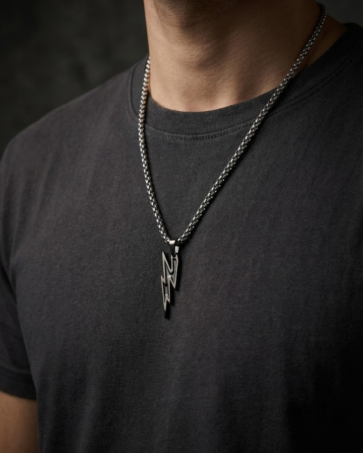 Thunder Edge Lightning Bolt Pendant for Men – Dual-Tone Power Chain Necklace