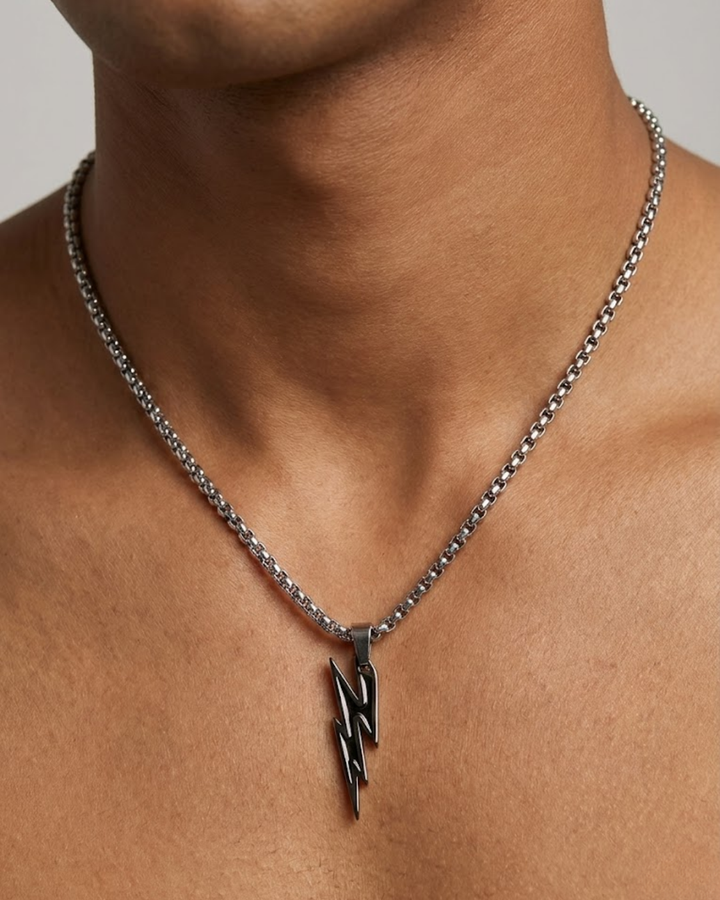 Thunder Edge Lightning Bolt Pendant for Men – Dual-Tone Power Chain Necklace