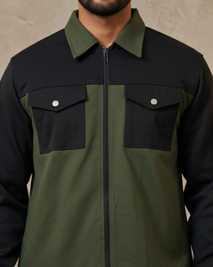 Black & Olive Overshirt Zip Closure Co-Ord Set for Men