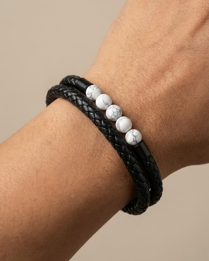 Black Braided Leather Bracelet with white Howlite beads.