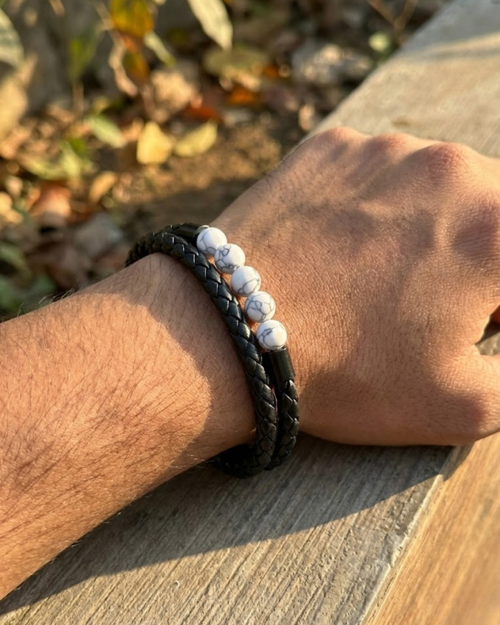 Black Braided Leather Bracelet with white Howlite beads.