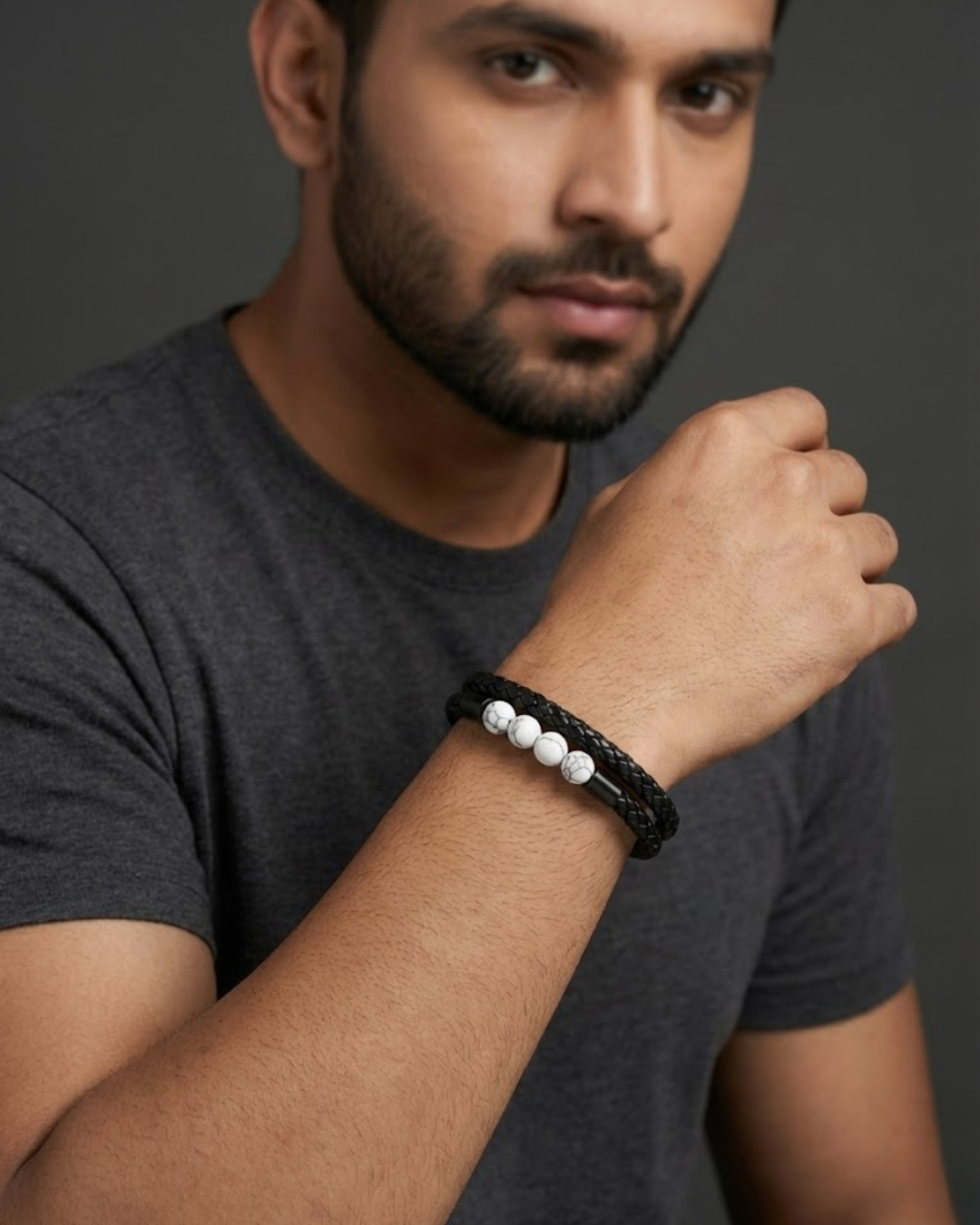 Black Braided Leather Bracelet with white Howlite beads.