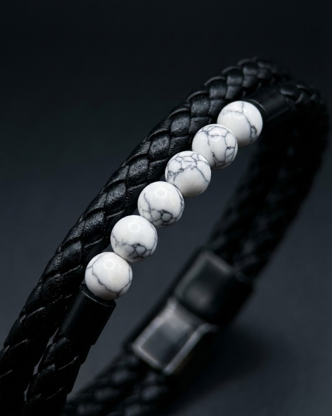Black Braided Leather Bracelet with white Howlite beads.