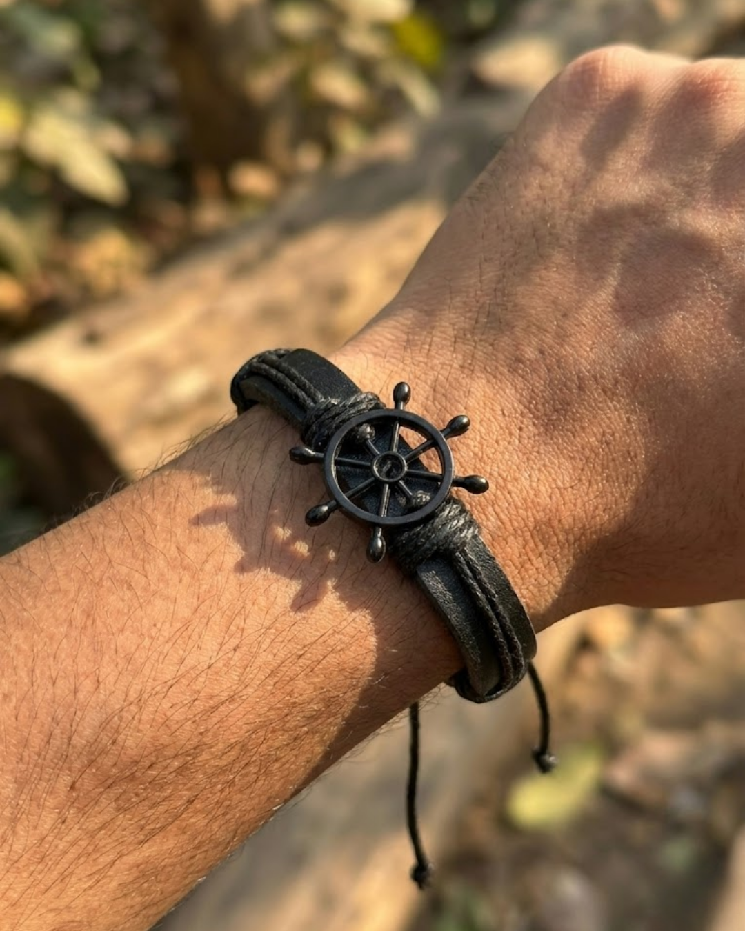 Navigator Helm Leather Bracelet For Men- Black Adjustable Nautical Design