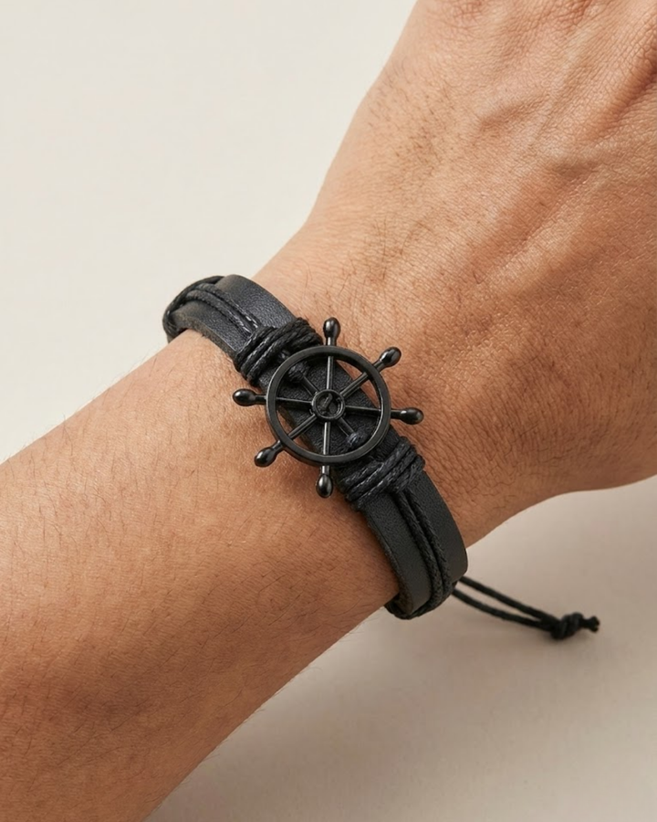 Navigator Helm Leather Bracelet For Men- Black Adjustable Nautical Design