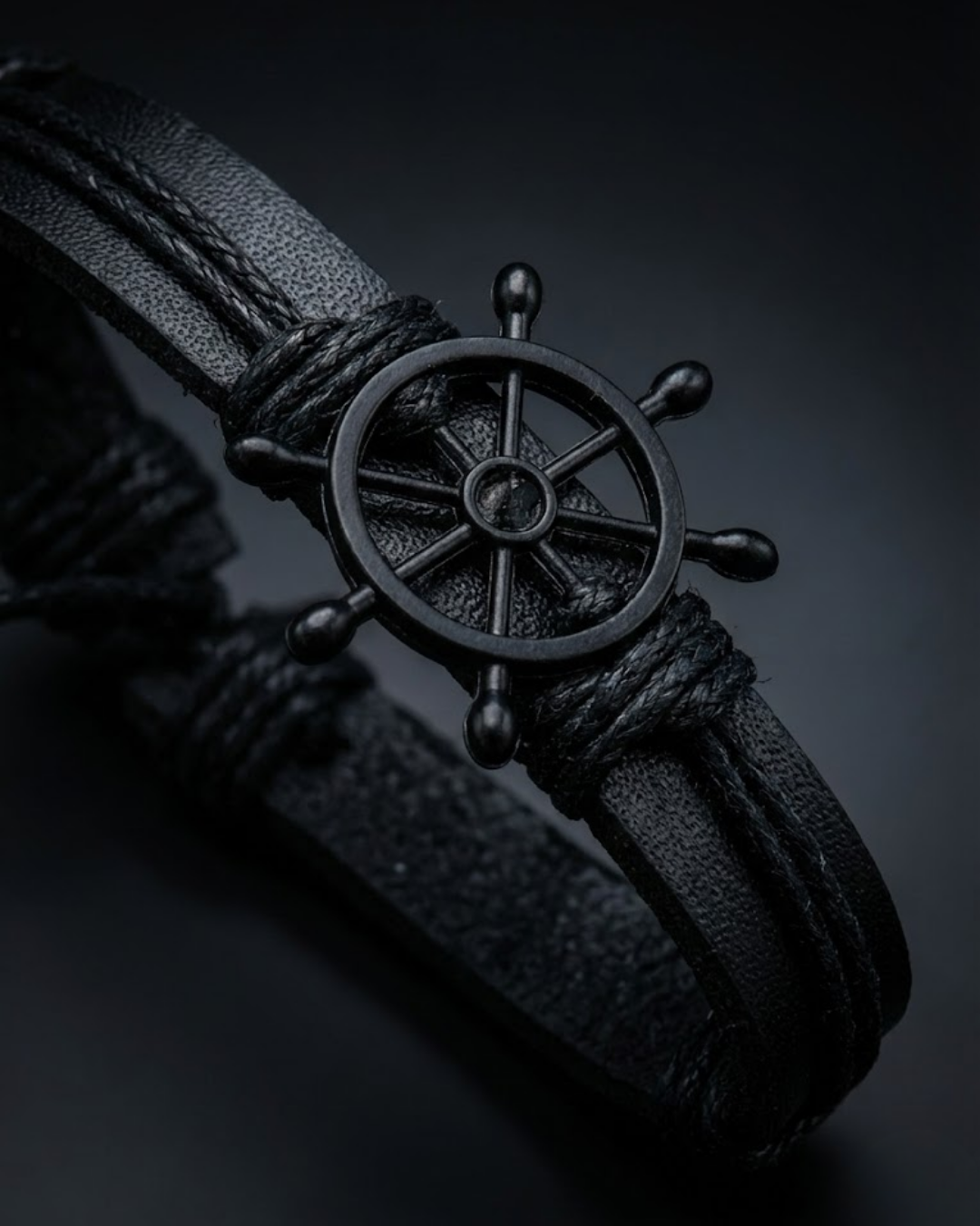 Navigator Helm Leather Bracelet For Men- Black Adjustable Nautical Design
