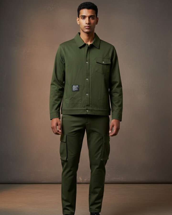 Olive Green Overshirt Zip Closure Co-Ord Set for Men