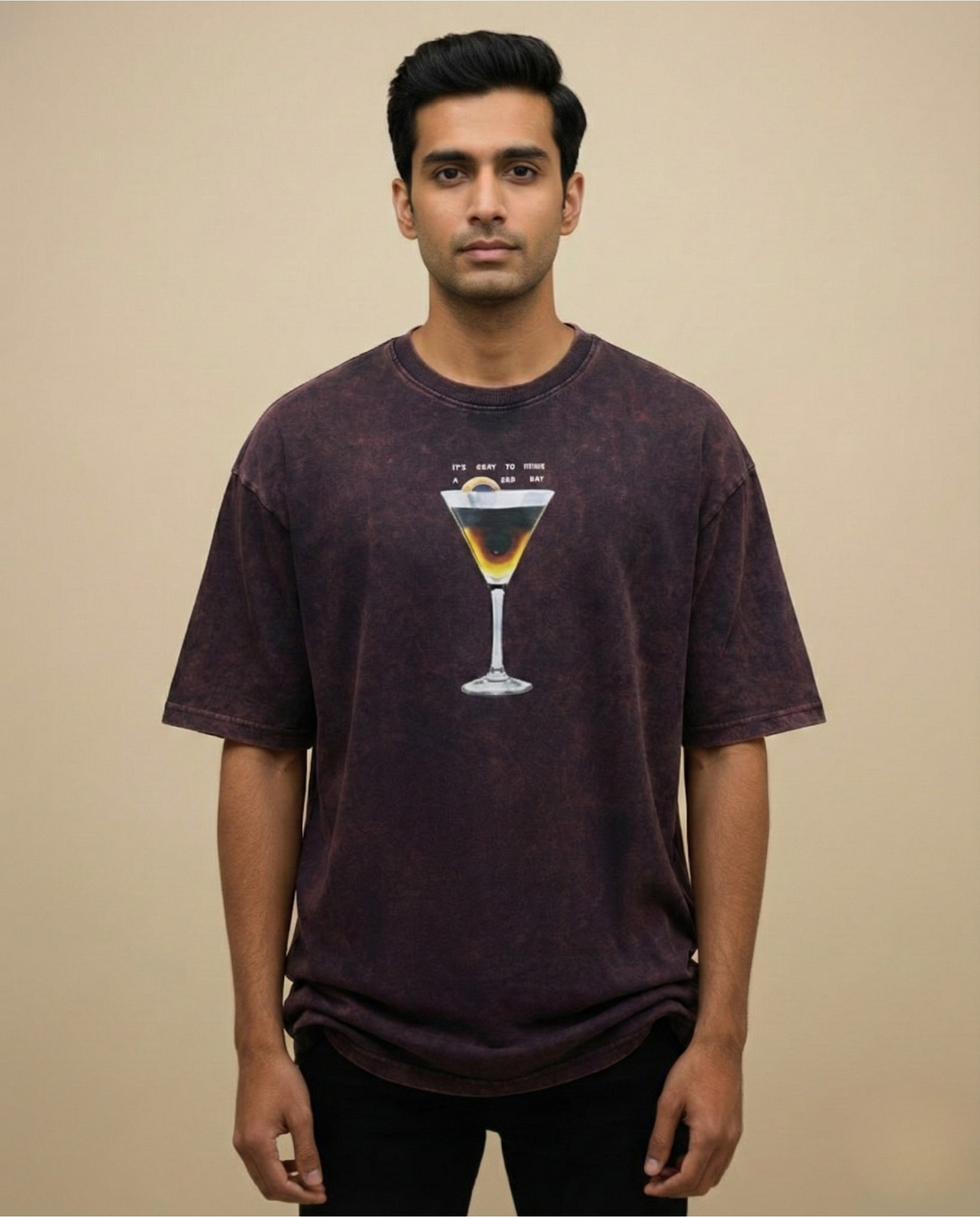Crimson Acid Wash Oversized Printed T-Shirt for Men