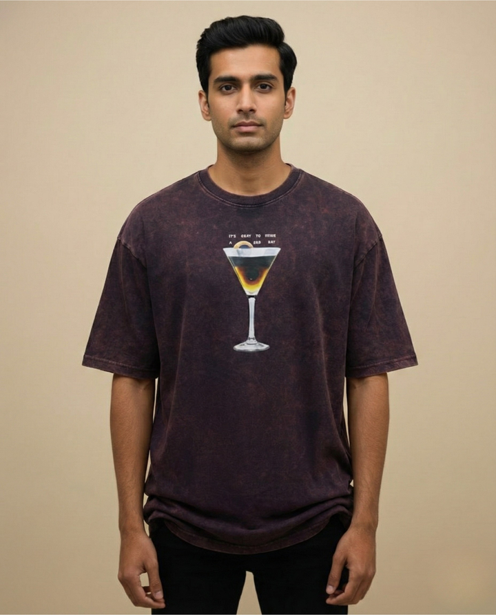 Crimson Acid Wash Oversized Printed T-Shirt for Men